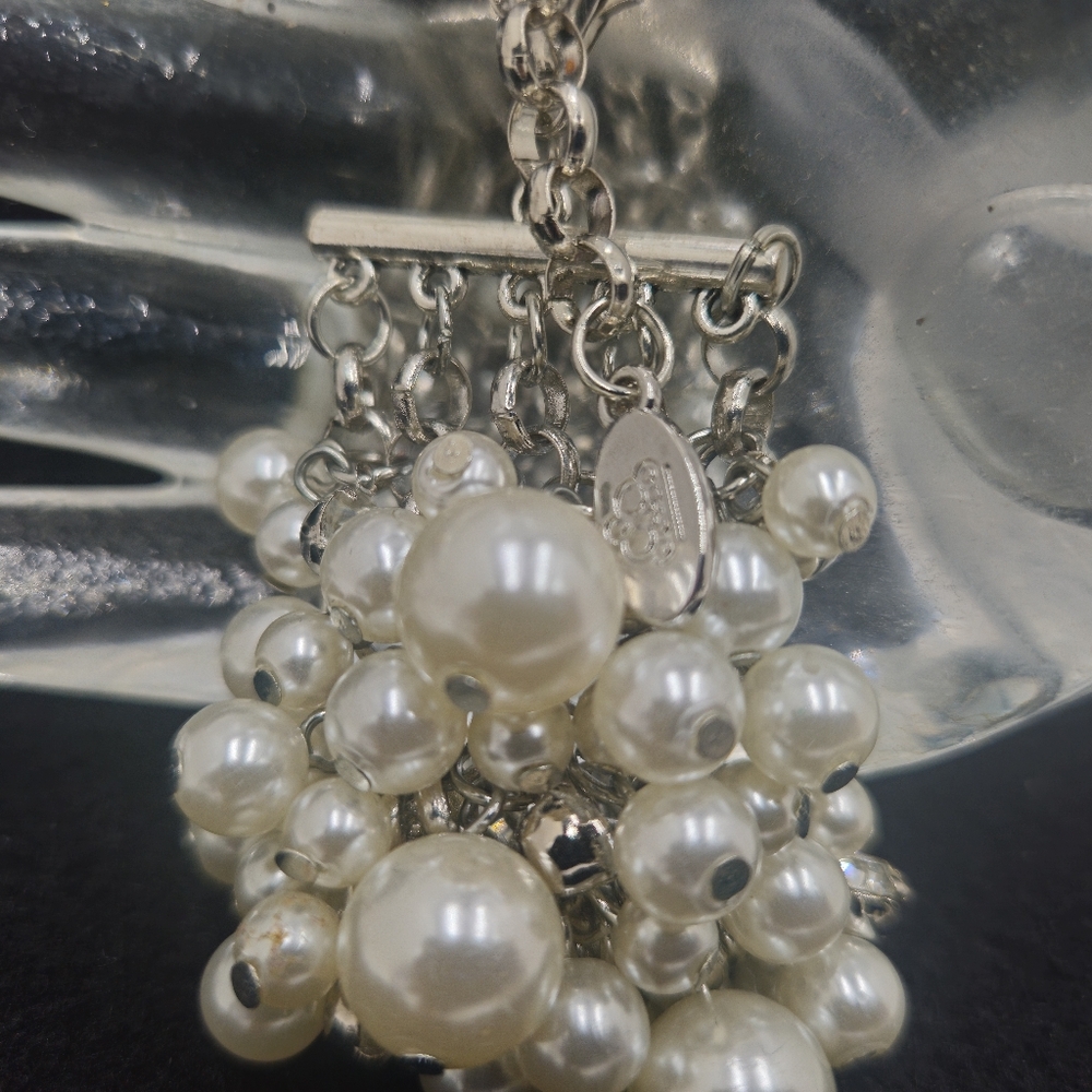 Vintage Aura Faux Cluster Pearl Rhinestone Silver Tone Link Bracelet - Picture 11 of 16